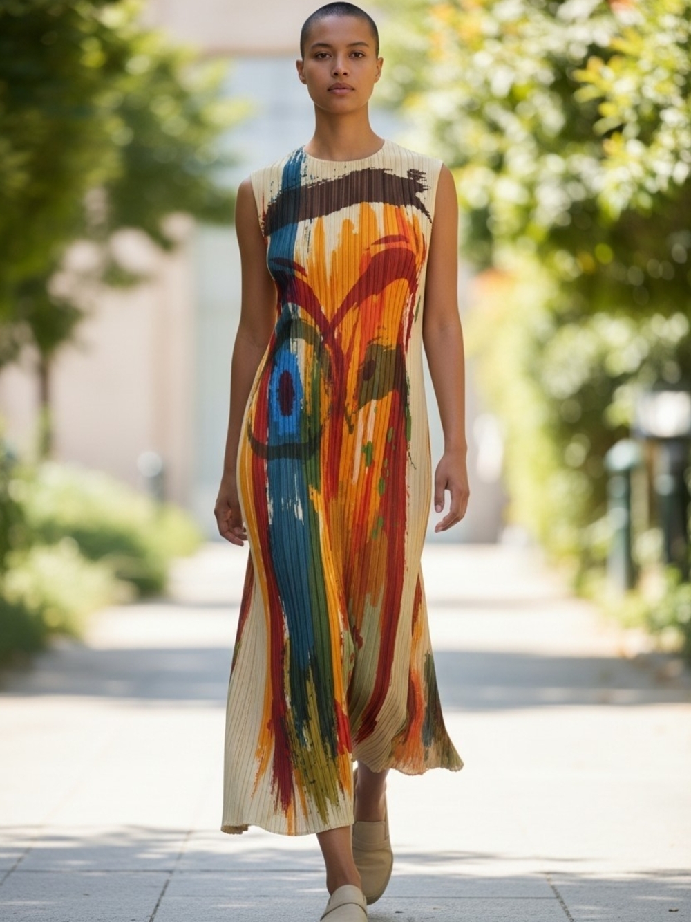 Kelly Obi New York Pleated Abstract Print Maxi Dress Sleeveless Stretch Art OS